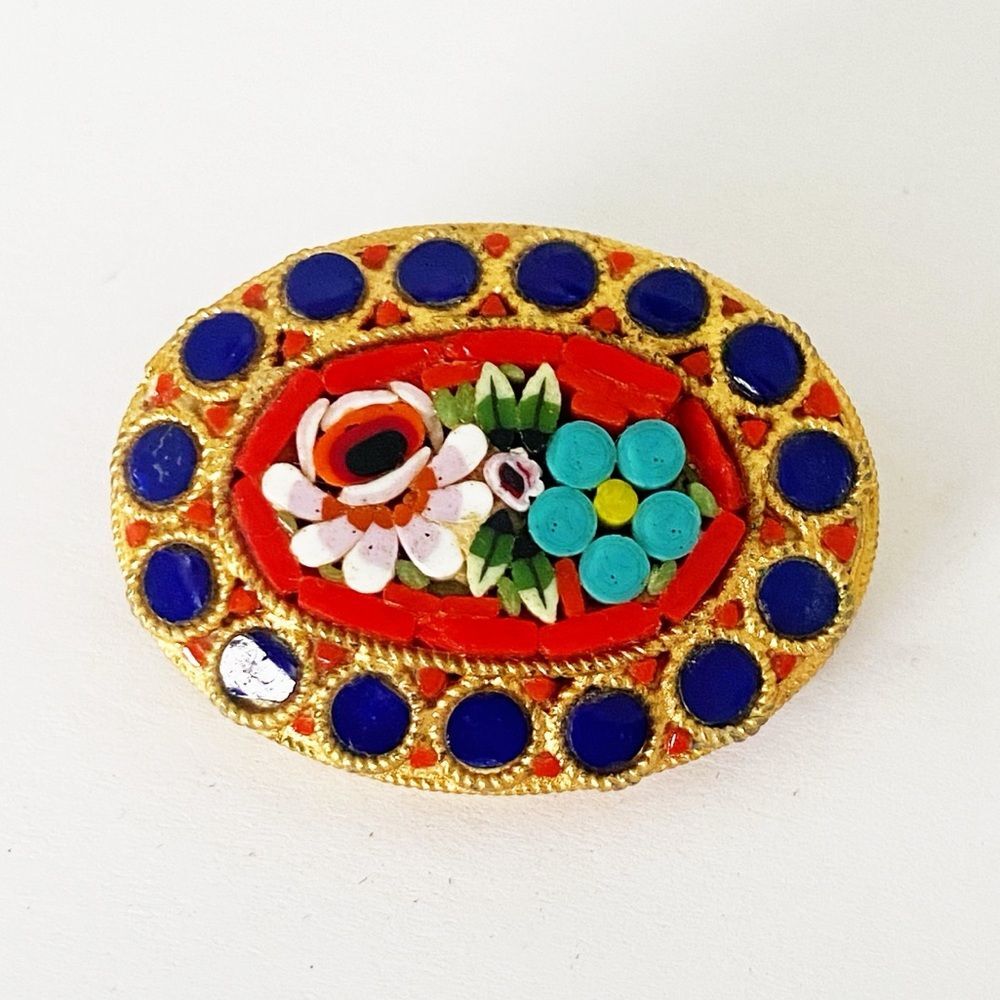 Vintage Italian micro mosaic gold tone metal brooch / pin
